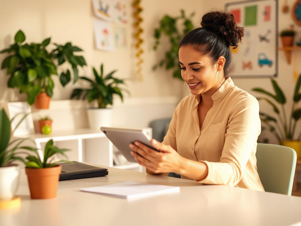 Childcare center director reviewing the day on a tablet at a tidy desk